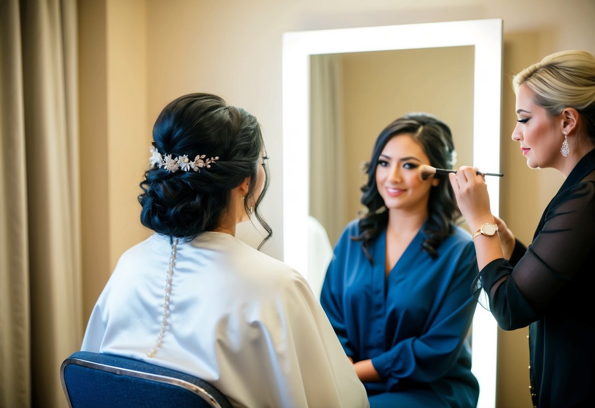A bride sitting in a chair, facing a well-lit mirror, with a hairstylist and makeup artist working on her