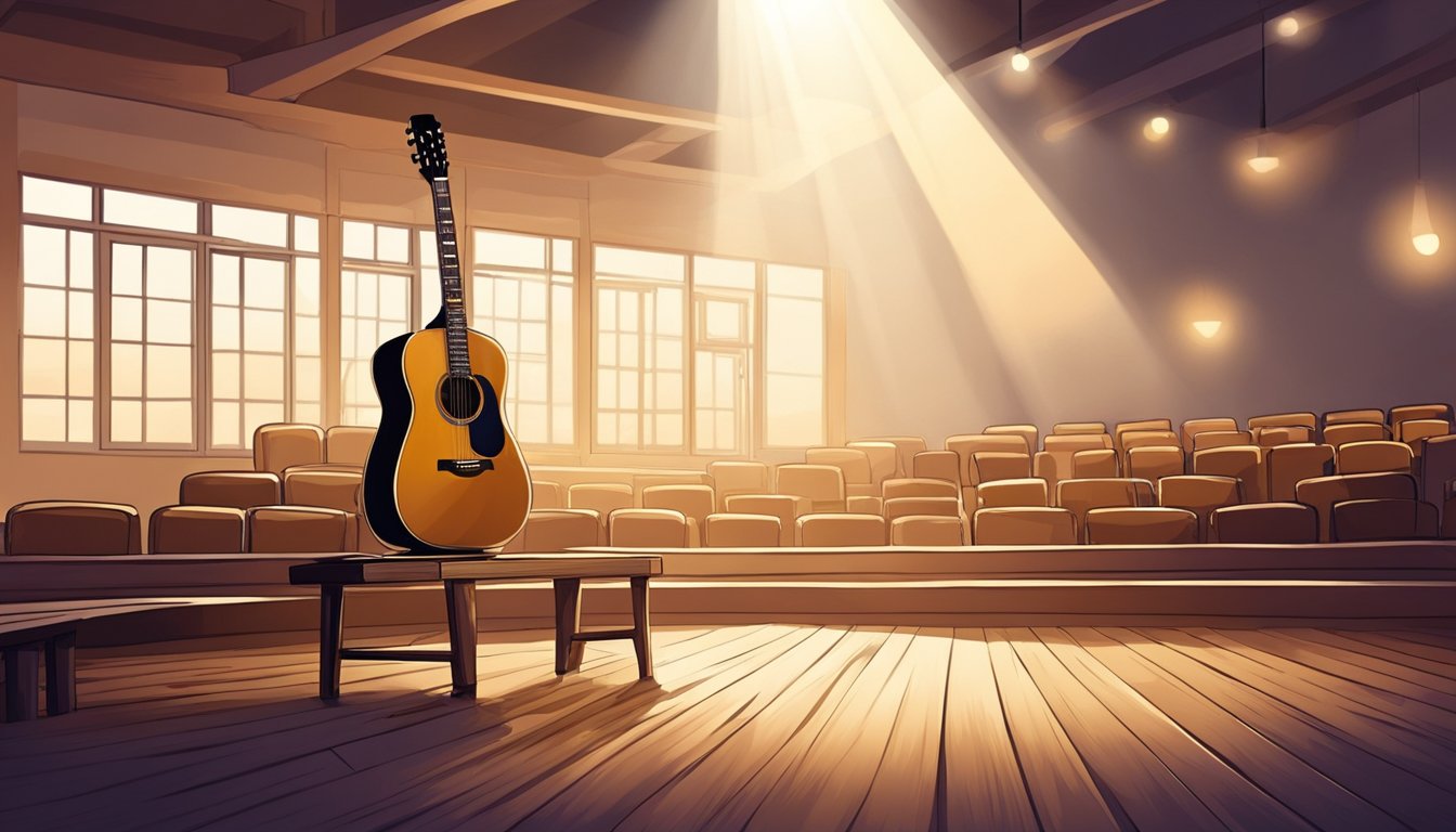 A lone guitar sits on a wooden stage, bathed in a spotlight. A microphone stands ready, surrounded by empty seats. The air is filled with anticipation and the promise of music