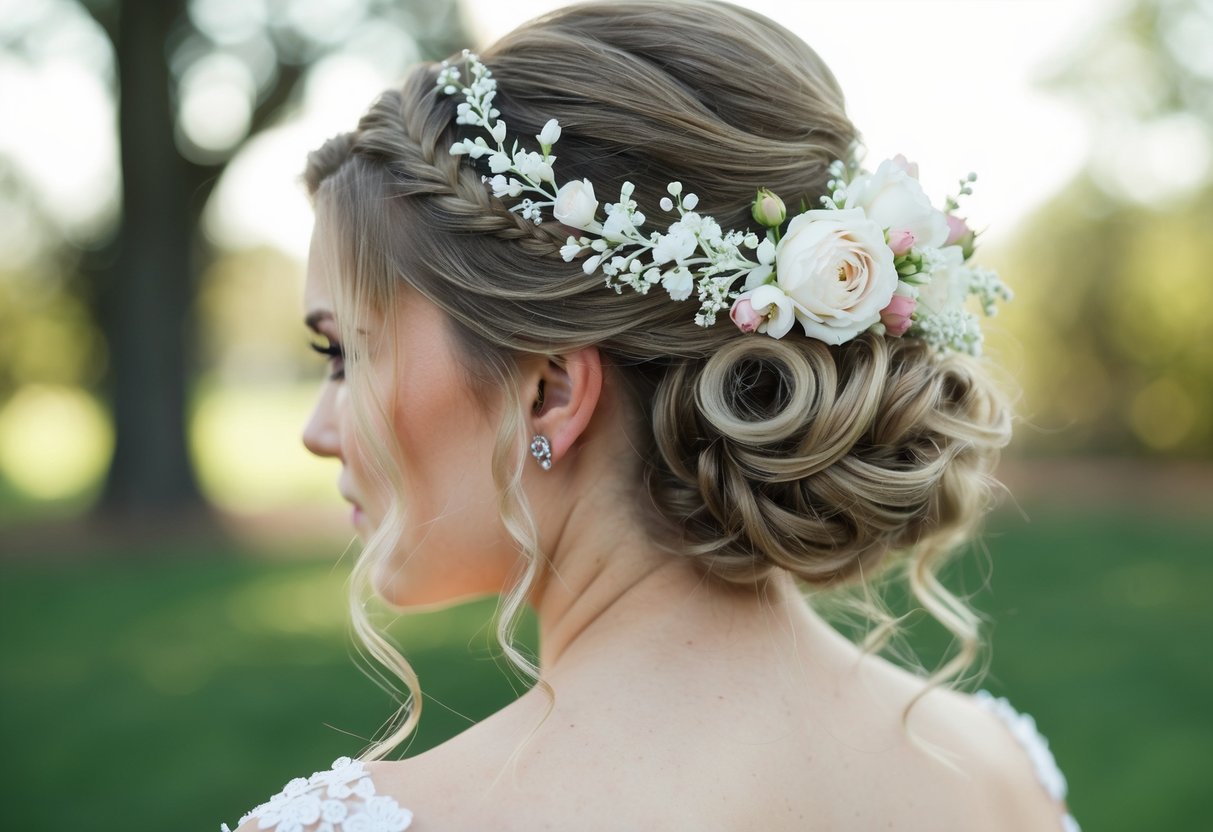 A bride's hairstyle with a floral hairpiece and delicate curls