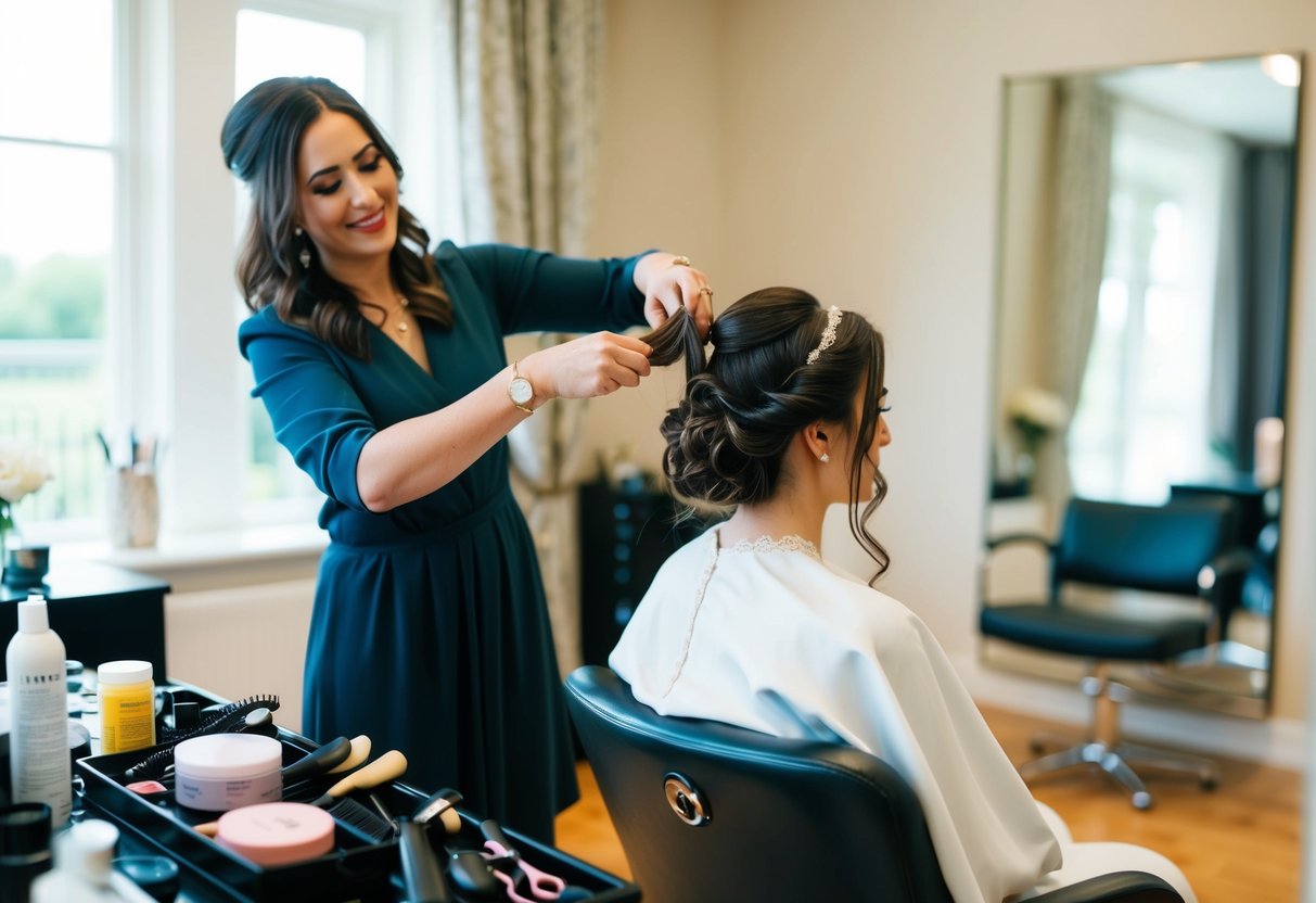The bride sits in a chair, surrounded by hairstyling tools and products. A hairstylist works on her hair, carefully arranging it into an elegant style for her wedding day