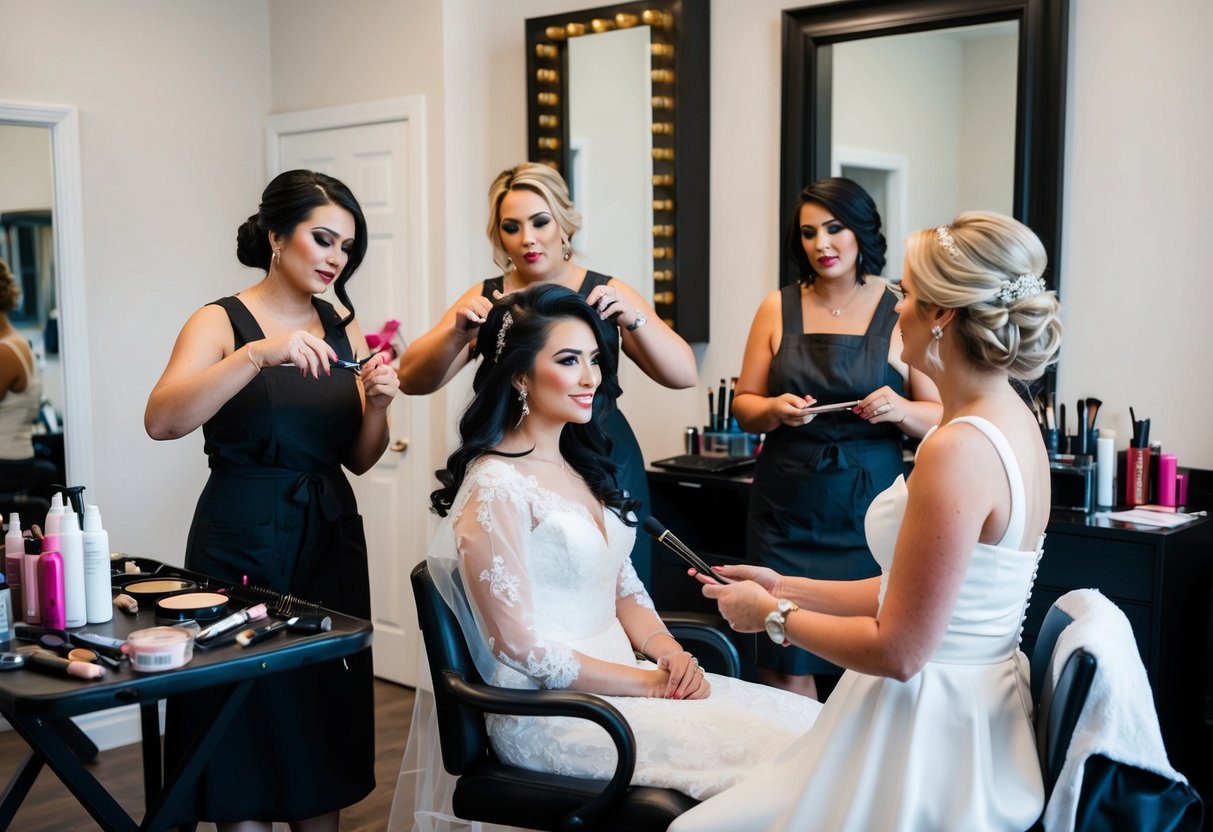 A bride sits in a chair as a hairstylist and makeup artist work simultaneously, deciding the order of appointments. Makeup products and hair tools are spread out on a nearby table