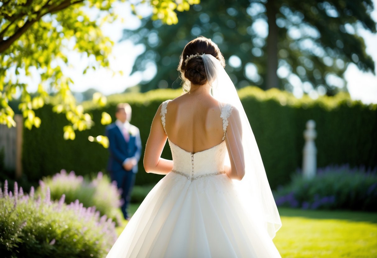 A bride stands in a sunlit garden, her back turned to the camera, as she eagerly awaits the first glimpse of her groom