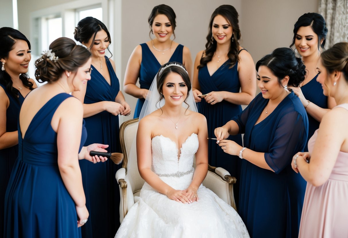The bride sits in a chair surrounded by her bridal party, while a hairstylist and makeup artist work on the bridesmaids