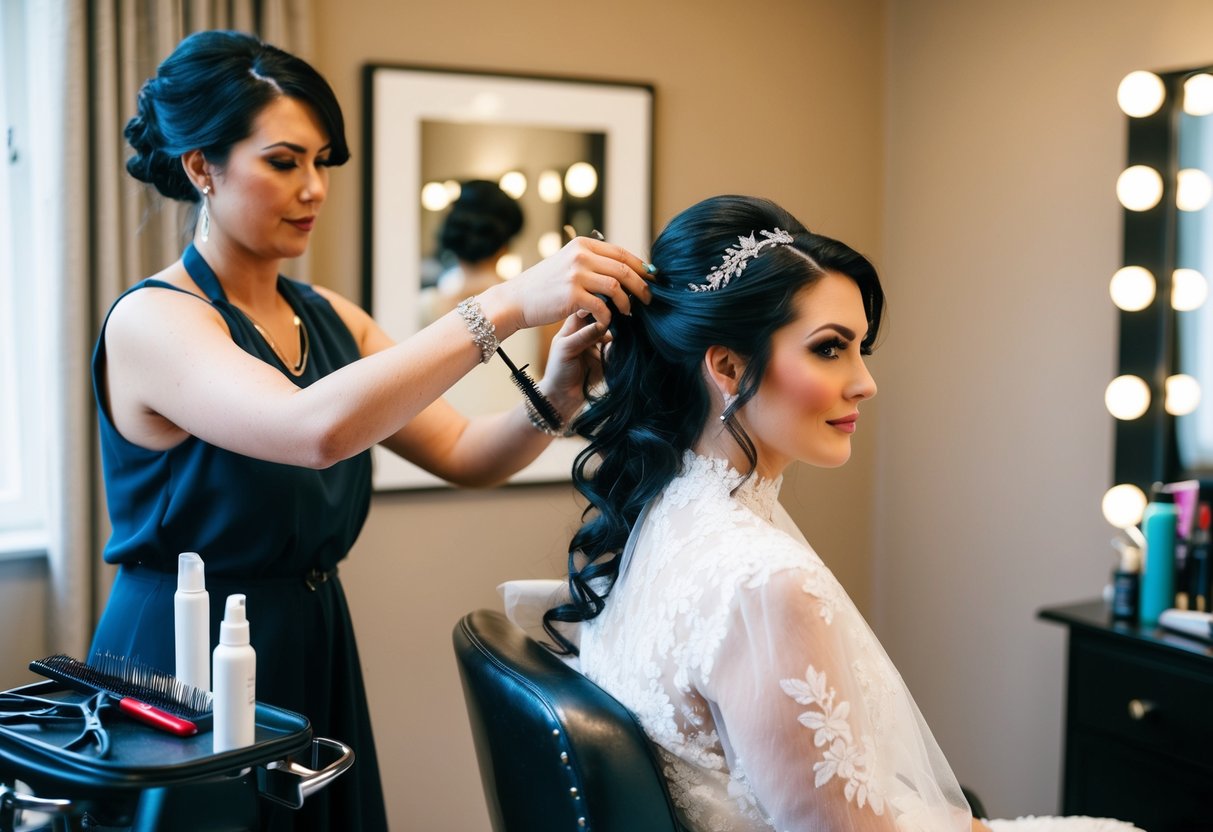 A bride sits in a chair, surrounded by hairstyling tools. A hairstylist works on her hair, creating an elegant and lasting bridal look