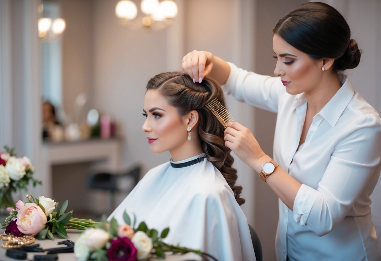 A woman's elegant hairstyle being styled by a hairdresser with flowers and hair accessories laid out on a table nearby