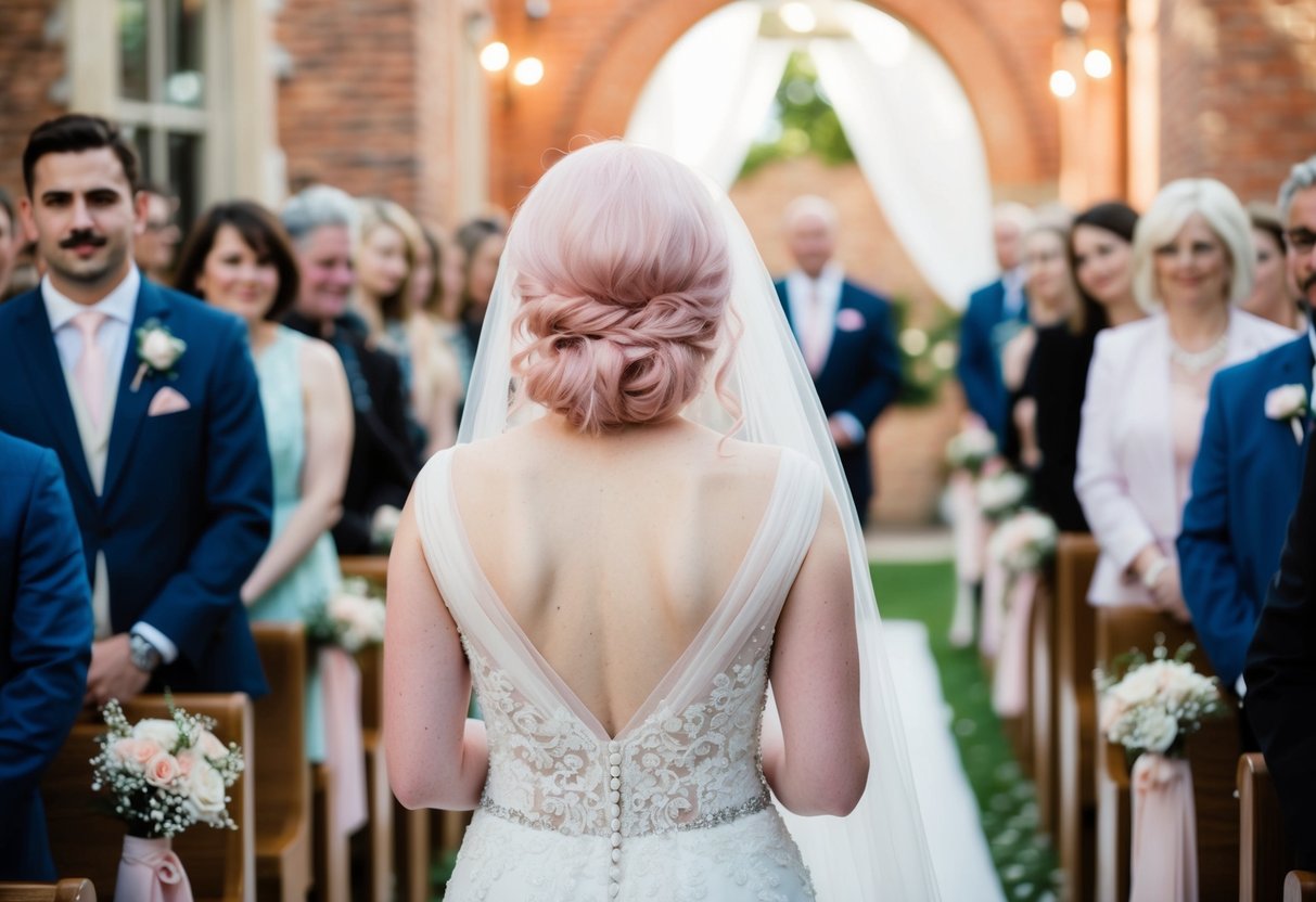A bride with pastel pink hair walks down the aisle