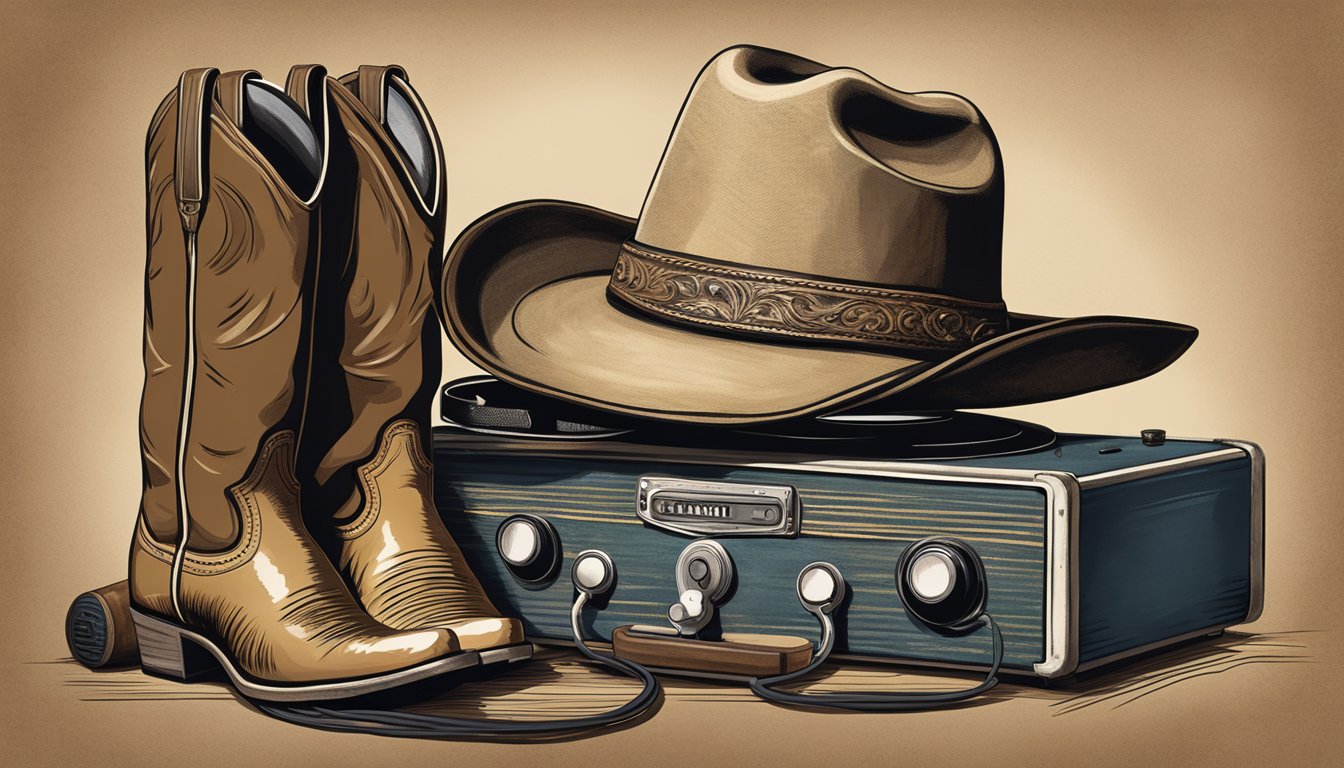 A cowboy hat resting on a weathered guitar case, surrounded by a pair of worn boots and a vintage record player