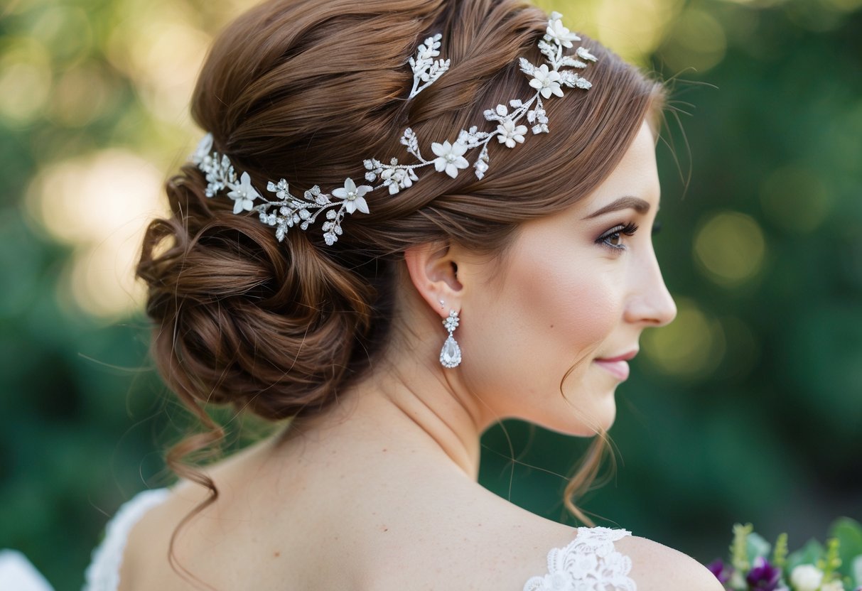 A bride with chestnut hair adorns her updo with delicate floral hairpins and a sparkling hair vine, adding a touch of elegance to her wedding look