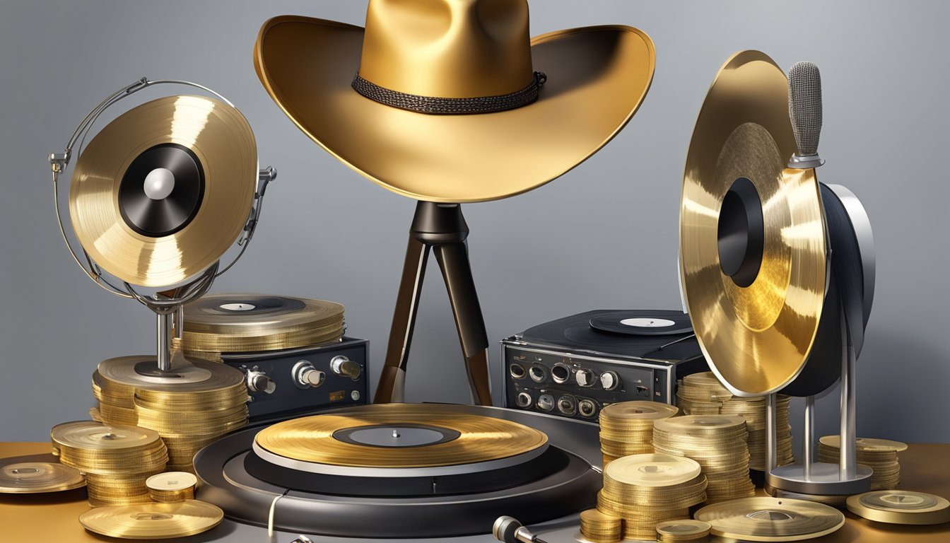 A cowboy hat hanging on a microphone stand surrounded by a collection of gold and platinum records