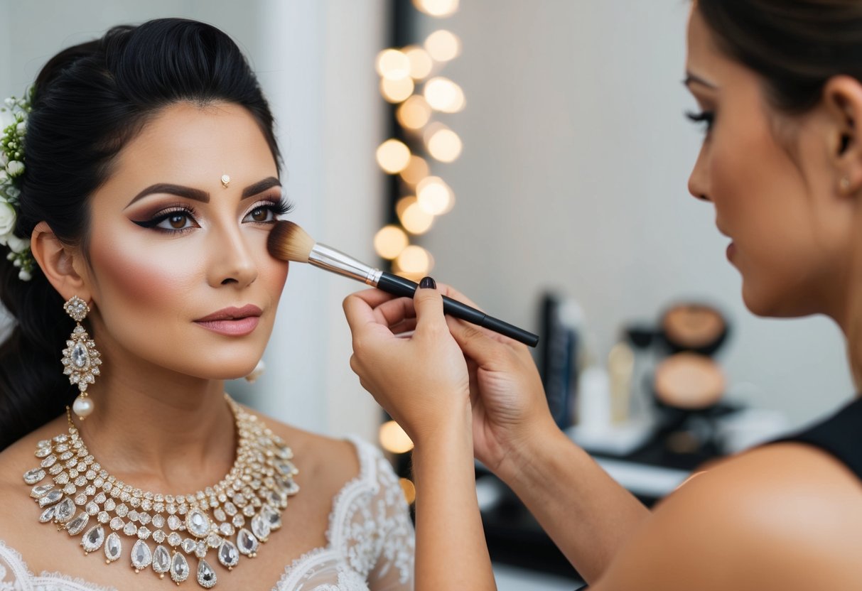 A makeup artist applying traditional bridal makeup on one side of a model's face, while using high-definition makeup on the other side