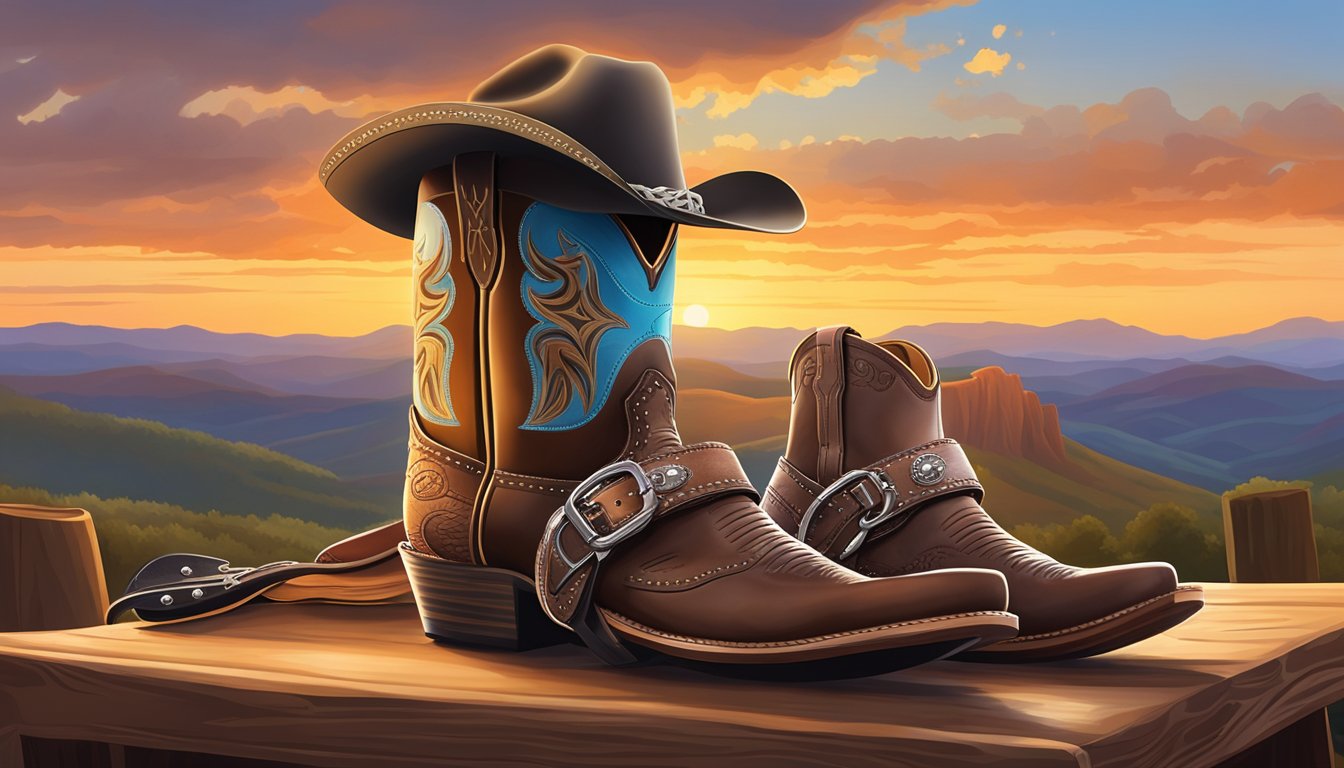 A cowboy hat on a guitar surrounded by cowboy boots and a saddle, all set against a backdrop of rolling hills and a sunset