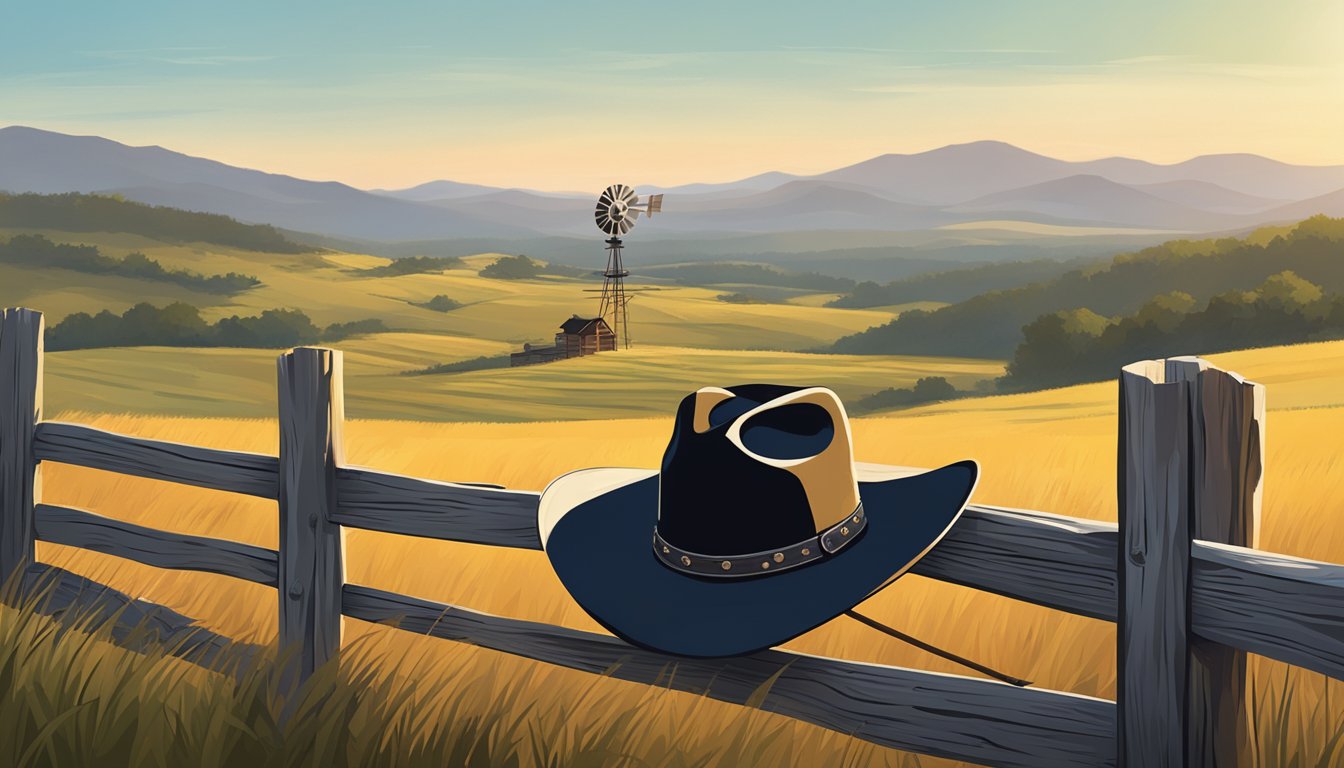 A cowboy hat resting on a weathered fence post, surrounded by rolling hills and a lone windmill in the distance