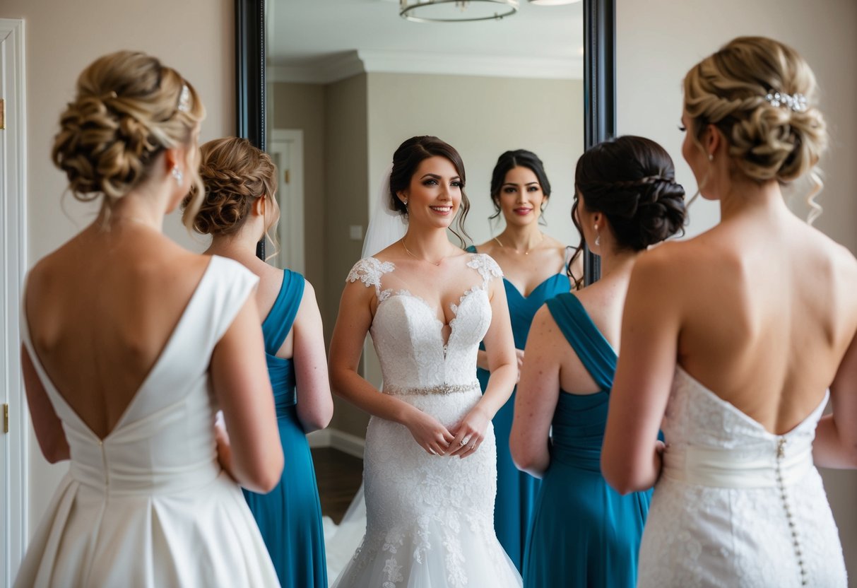A woman stands in front of a mirror, trying on different wedding dresses, her hair styled in various ways - updos, loose curls, and sleek straight styles
