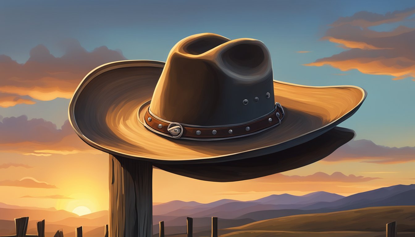 A lone cowboy hat resting on a weathered fence post, surrounded by rolling hills and a picturesque sunset