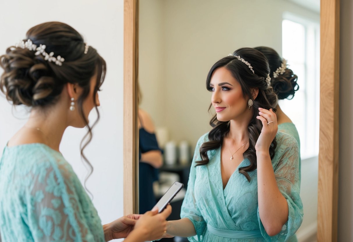 A woman stands in front of a mirror, experimenting with different hairstyles for her bridal appointment. She carefully arranges her hair, trying out various updos and loose curls
