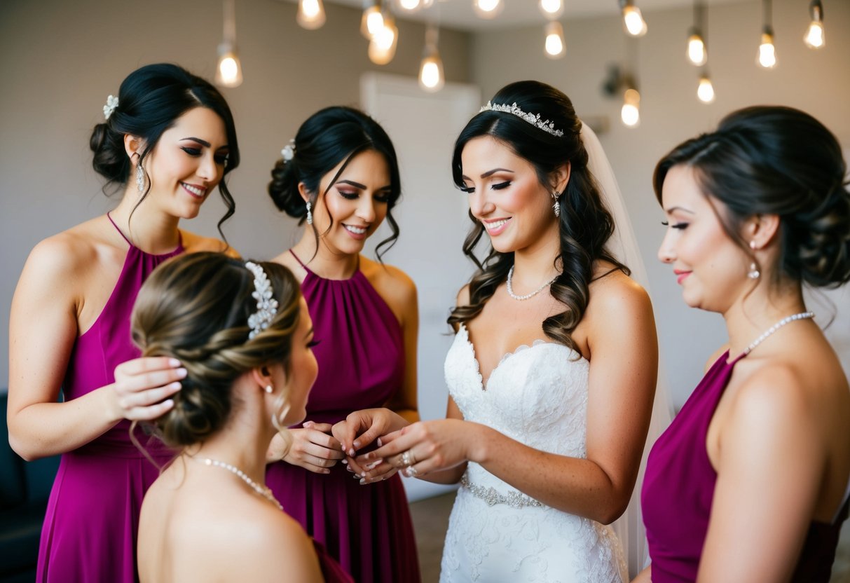 The bride carefully selects hairstyles for her bridesmaids