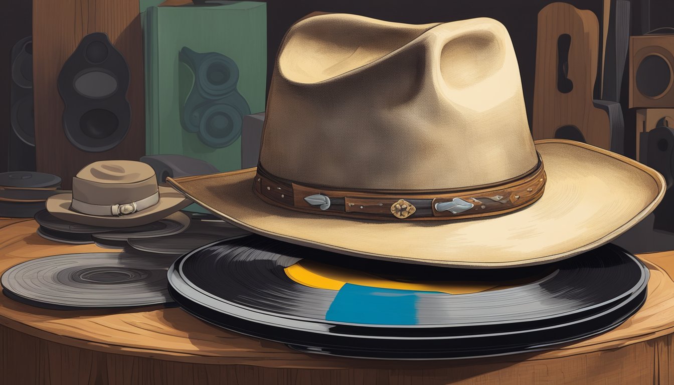 A cowboy hat resting on a weathered guitar, surrounded by a collection of vinyl records