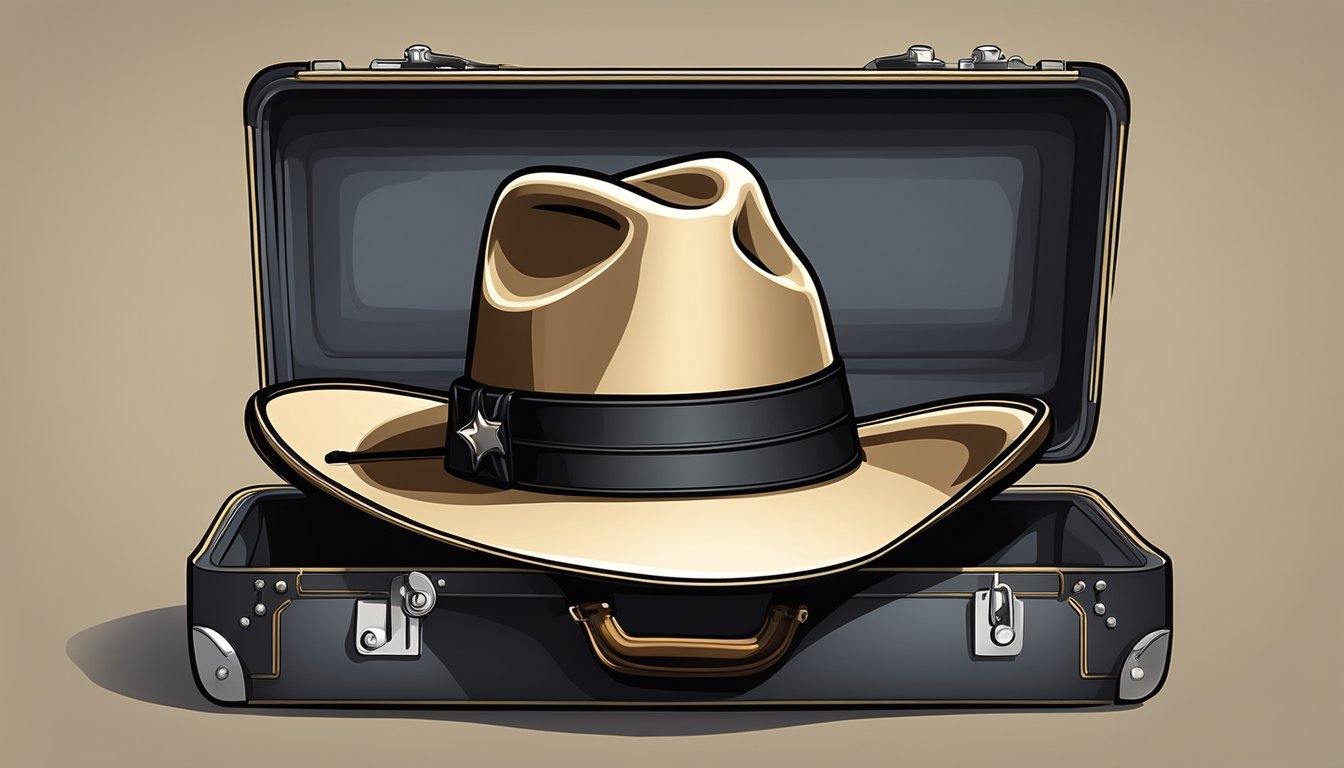 A cowboy hat resting on a guitar case, surrounded by a spotlight on a dark stage