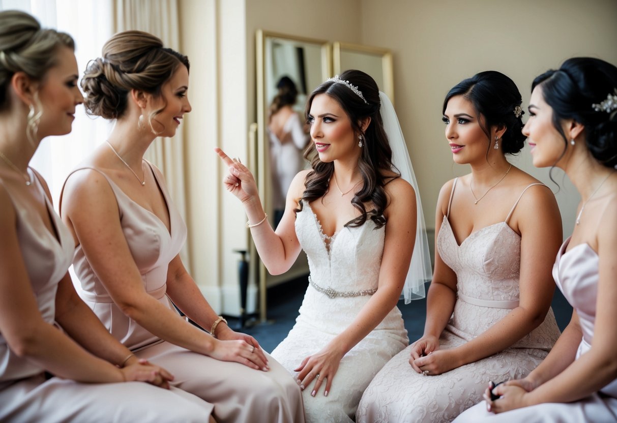 A bride and her bridesmaids sit together, discussing hairstyles. The bride gestures towards a selection of hair options, while the bridesmaids listen attentively