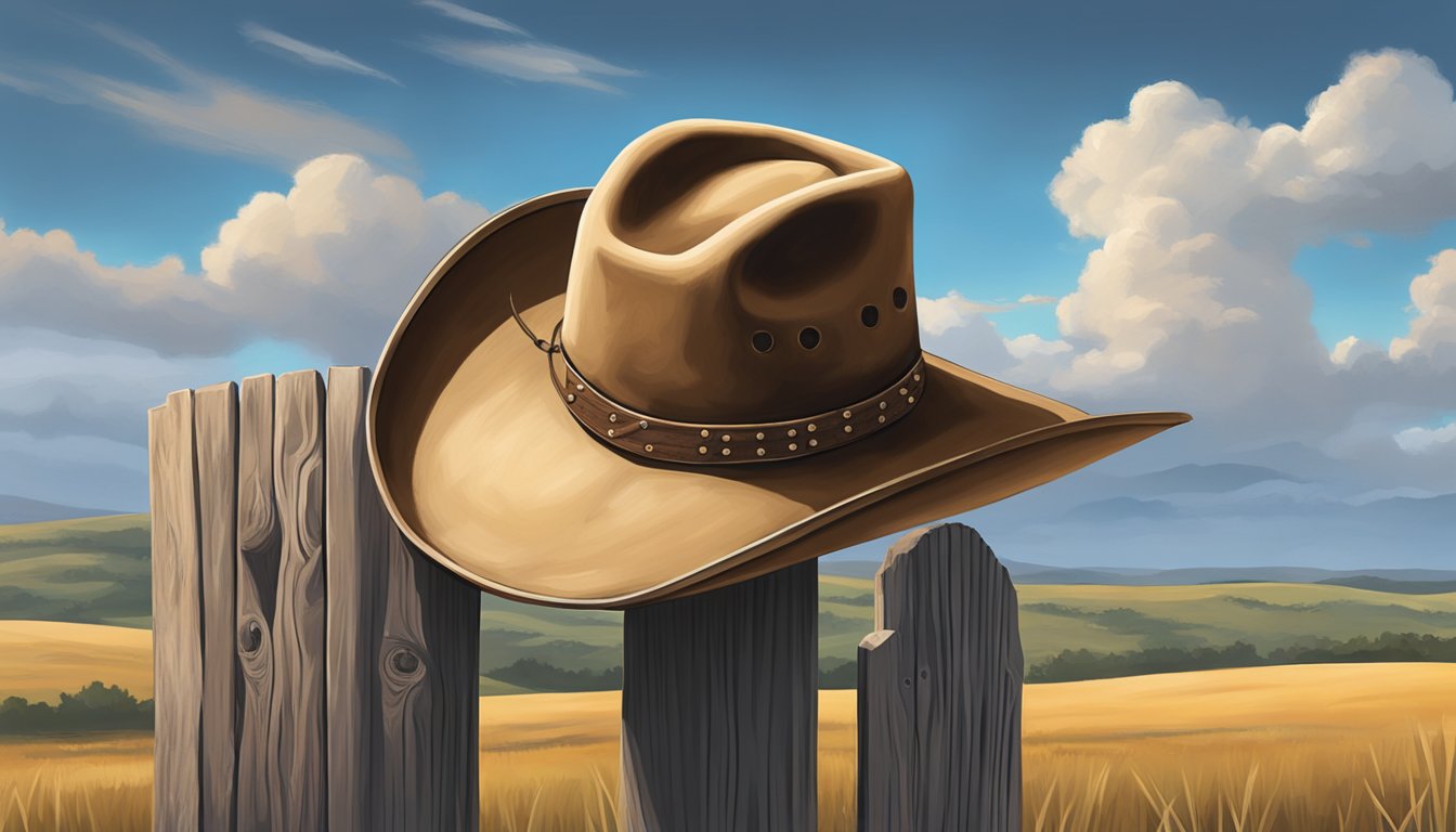 A lone cowboy hat rests on a weathered wooden fence post, surrounded by rolling hills and a big Texas sky