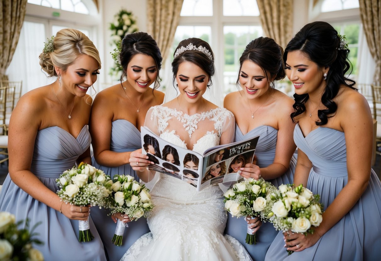 A bride sits with her bridesmaids, flipping through a magazine of hairstyles, while surrounded by wedding decor that matches the chosen theme and venue
