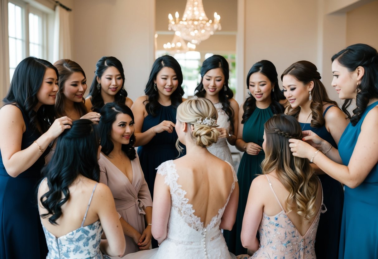 A diverse group of women with varying hair types and lengths gather around the bride, discussing and trying out different hairstyles for the wedding