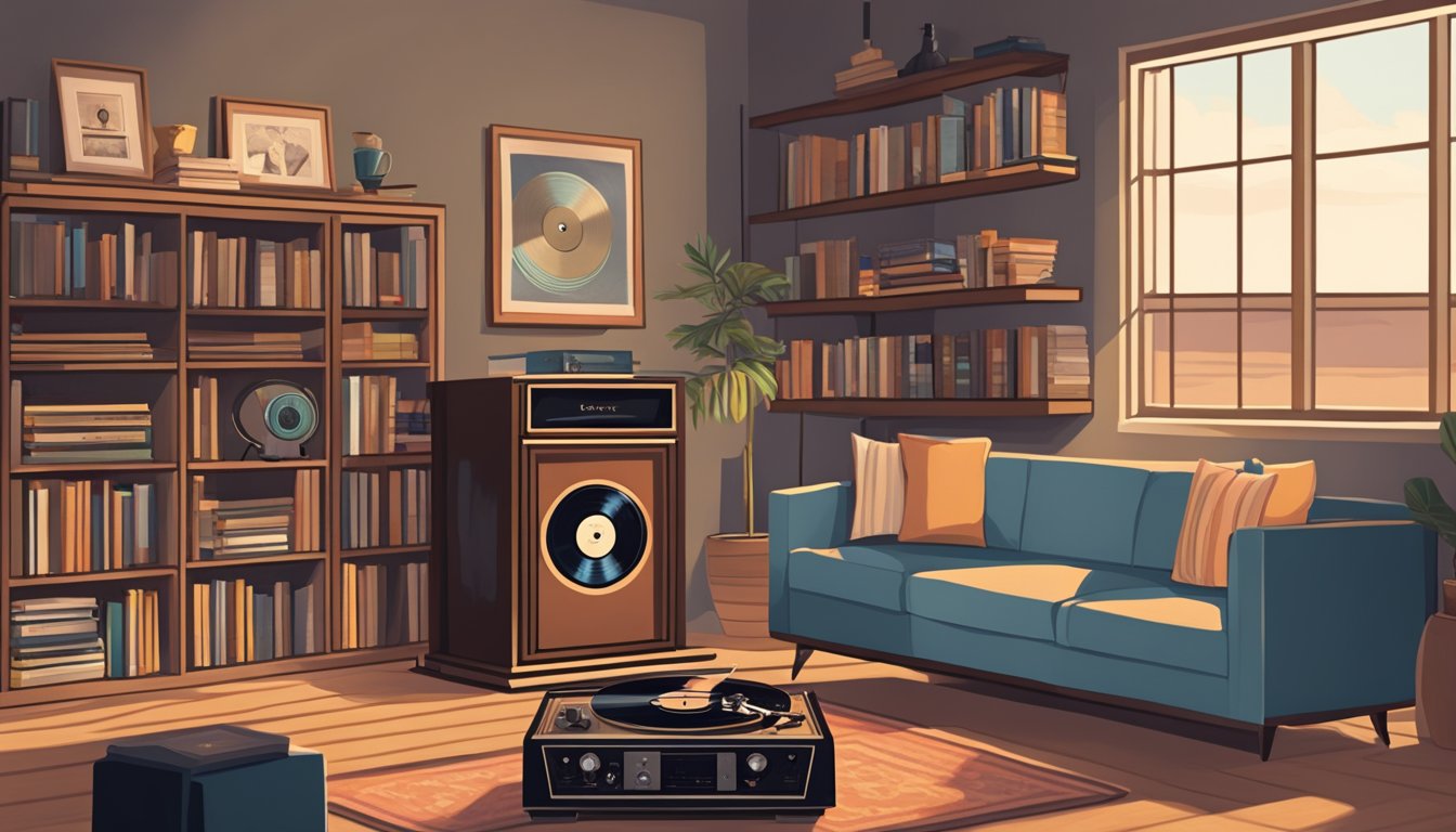 A cozy living room with a vintage record player and a collection of George Strait albums displayed on a shelf