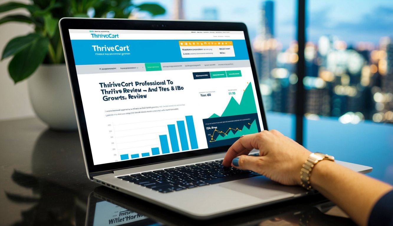 A laptop displaying the ThriveCart website with a positive review and a graph showing growth in sales