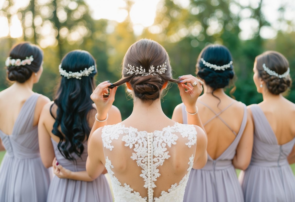 Bride holding up different hair accessories for bridesmaid hairstyles