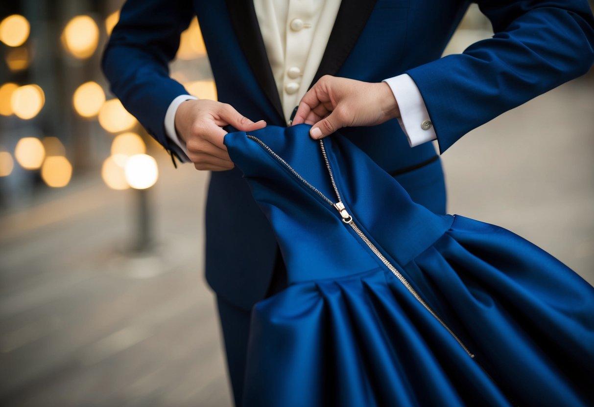 A dress is being zipped up by a figure in a formal outfit