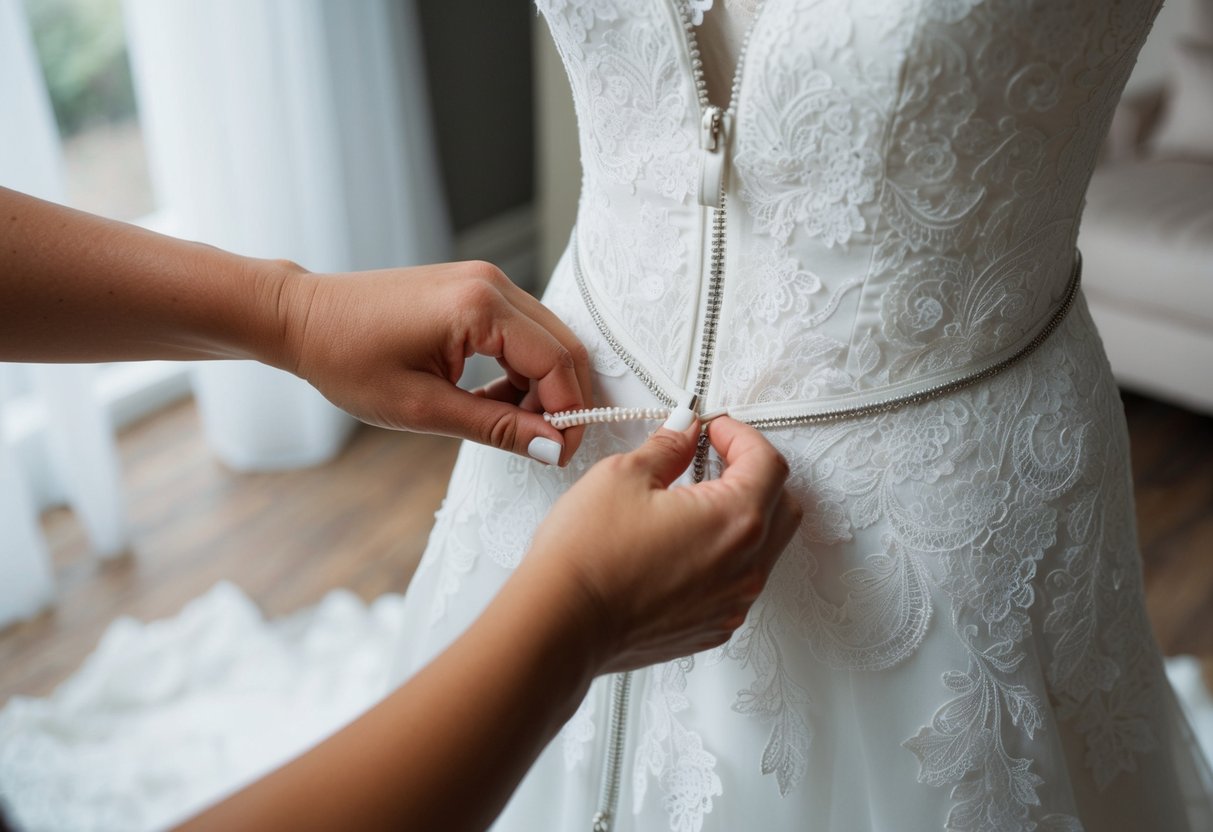 A white lace wedding gown being carefully zipped up by a pair of delicate hands