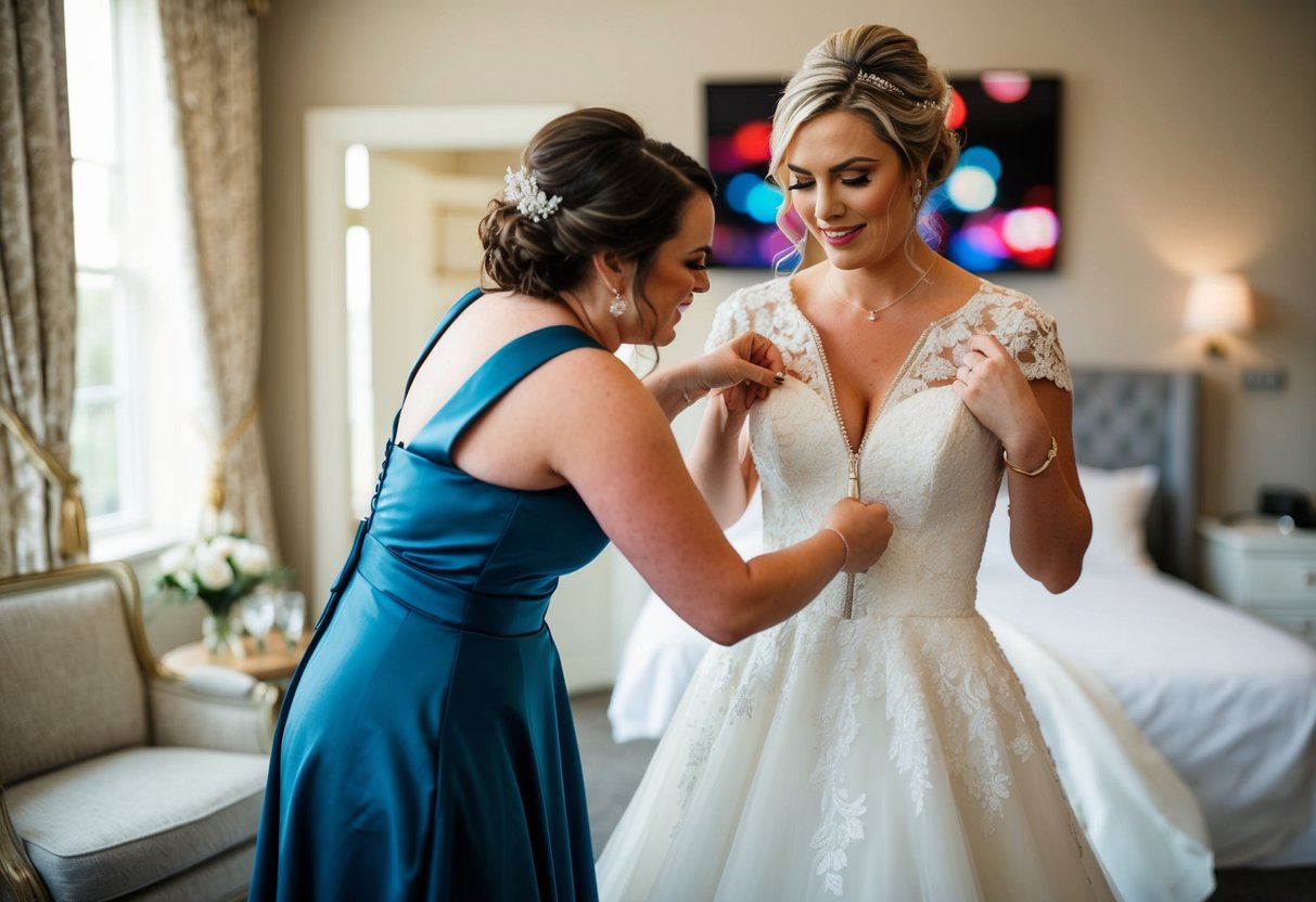 A bridesmaid zips up the bride's gown