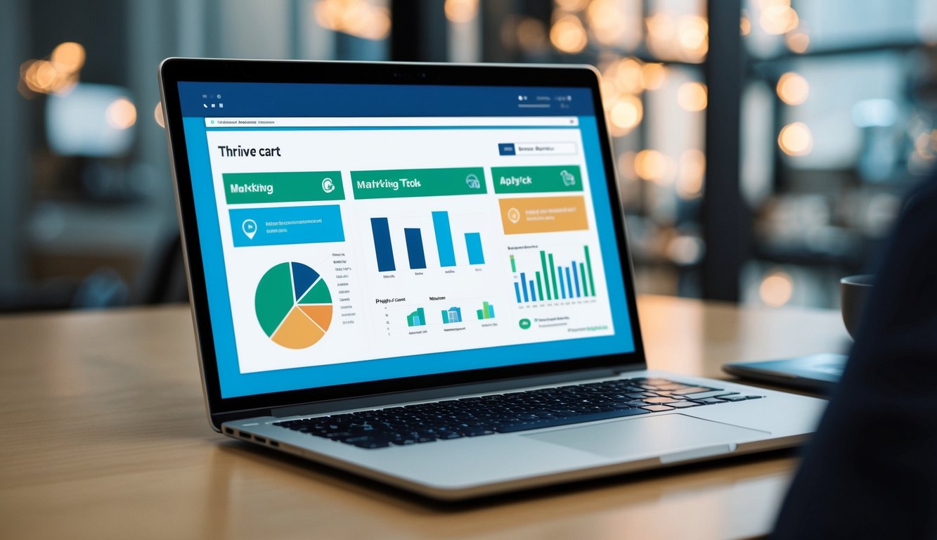 A laptop displaying marketing tools and analytics with a review of Thrivecart