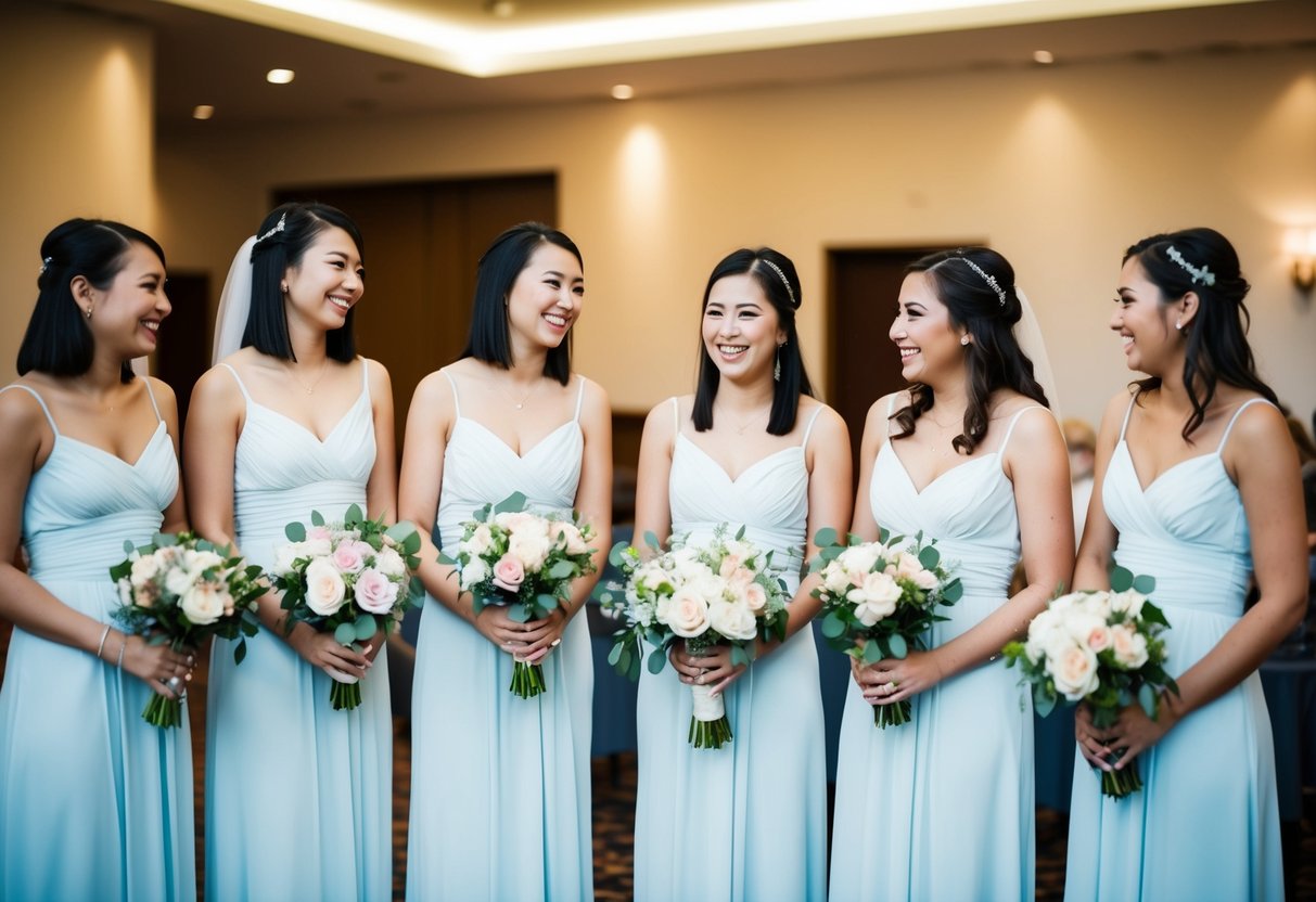 Bridesmaids with straight hair stand in a row, holding bouquets, while chatting and laughing at a wedding venue