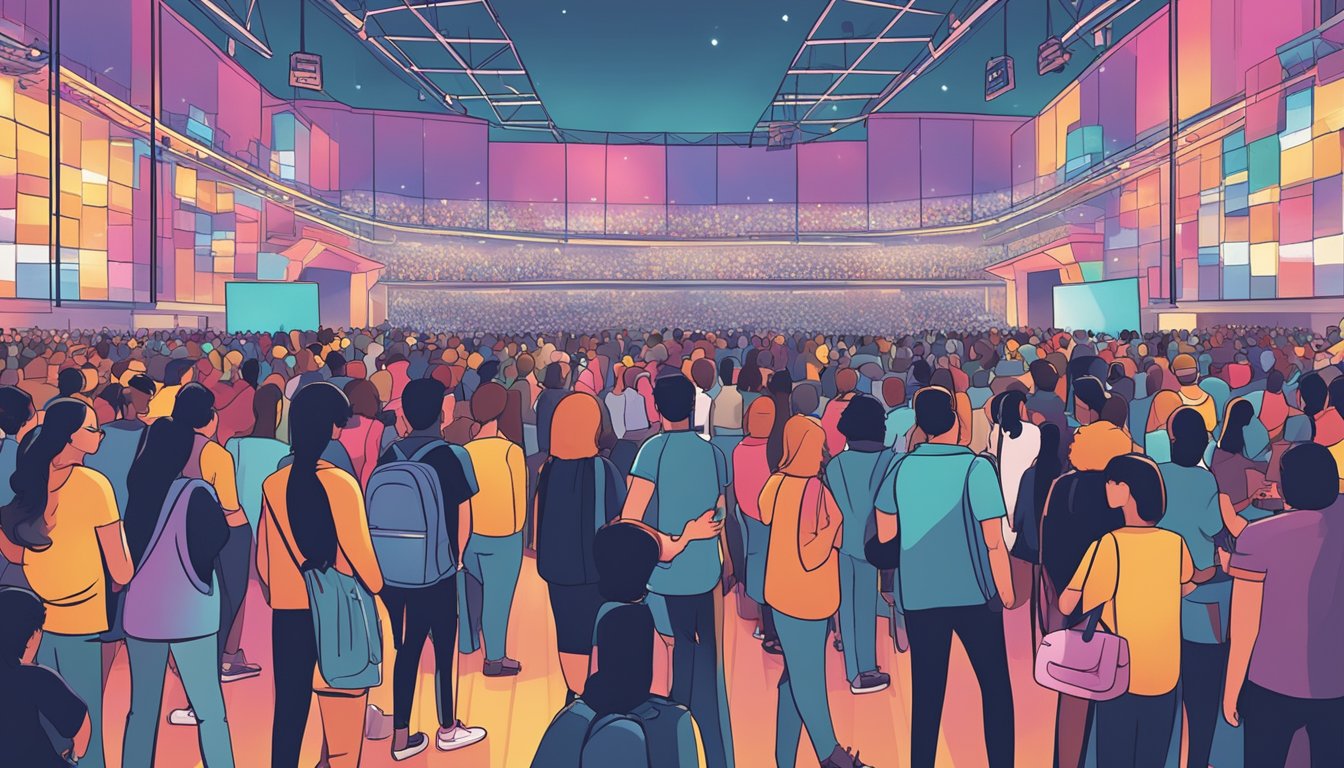 A crowded concert venue with a large stage and bright lights, with people lining up at ticket booths and checking their phones for booking information