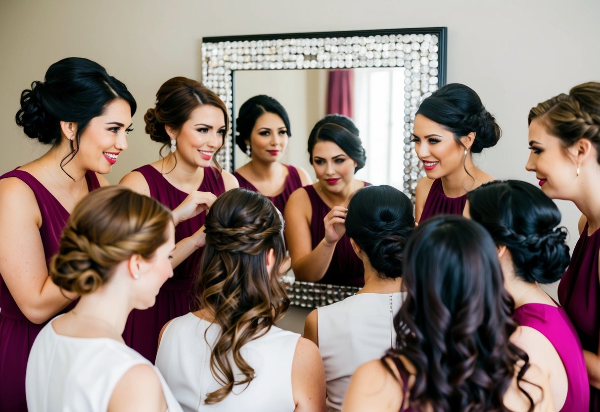 Bridesmaids with various hairdos, gathered around a mirror, trying out different styles