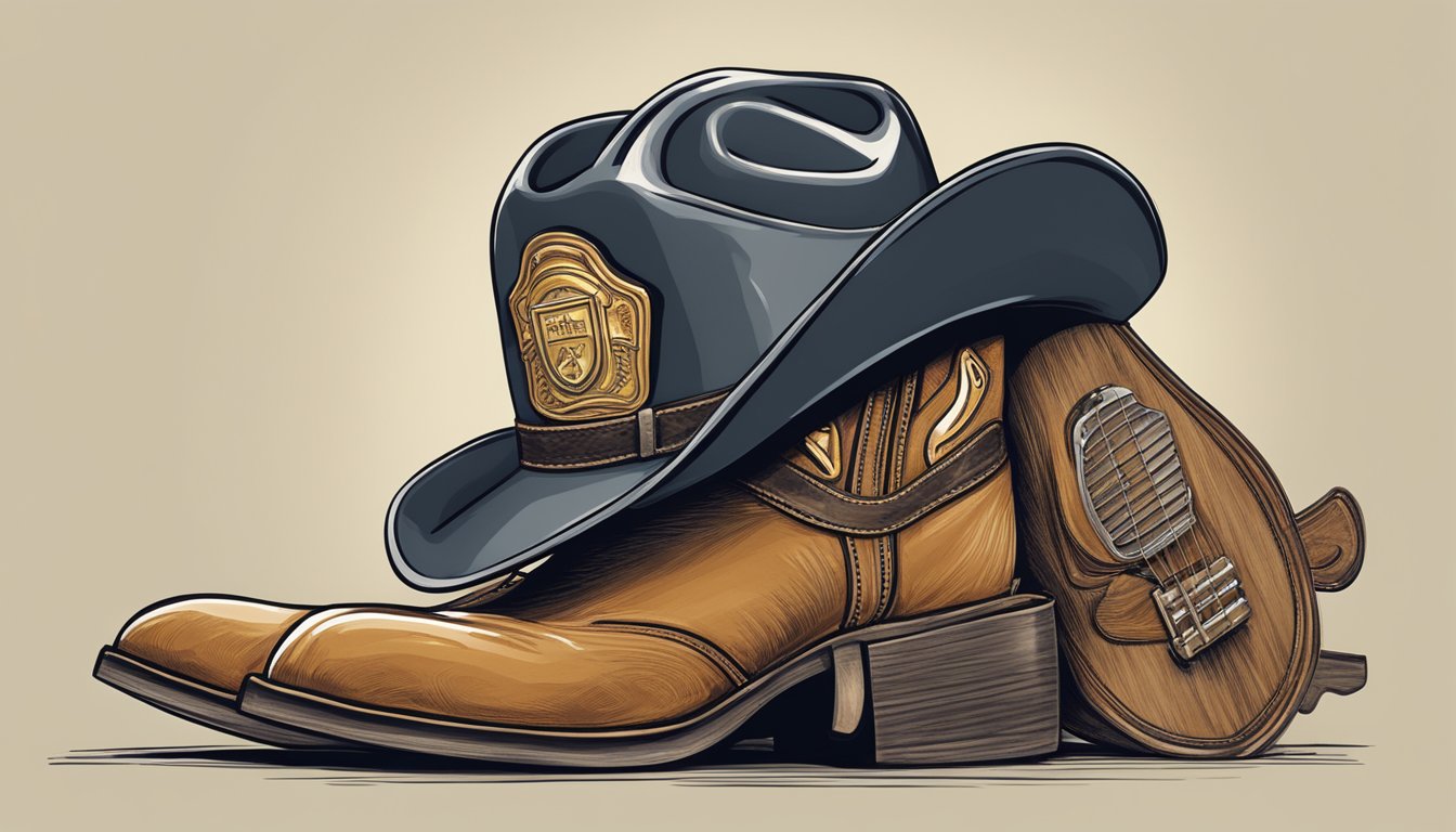 A firefighter's helmet surrounded by cowboy boots and a guitar, symbolizing the cultural impact of George Strait's song "The Fireman."