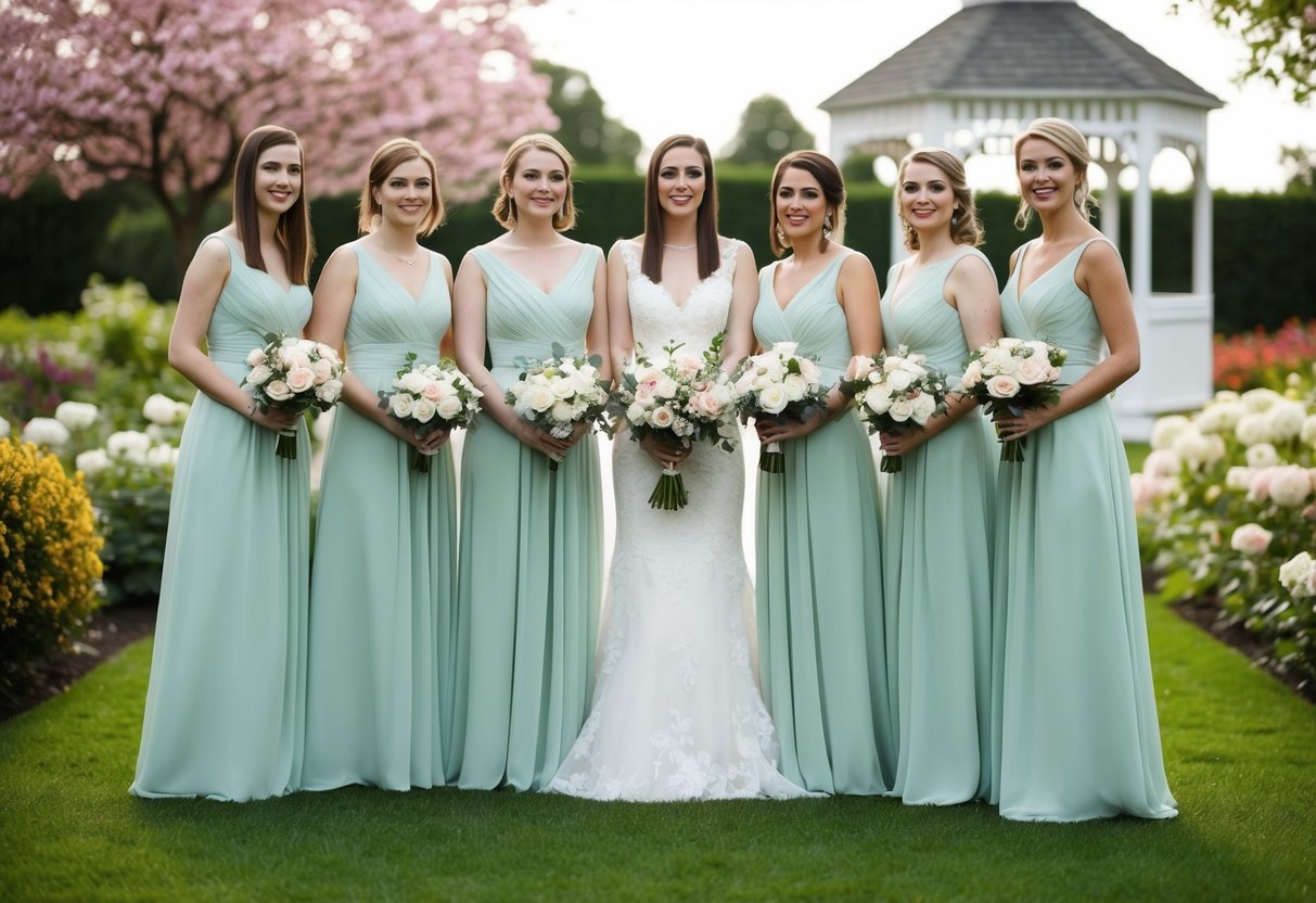 Bridesmaids with straight hair in elegant dresses, standing in a garden setting with blooming flowers and a gazebo in the background