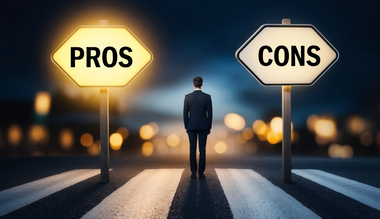 A person standing at a crossroads, with one path leading to a glowing sign labeled "Pros" and the other path leading to a dimly lit sign labeled "Cons."