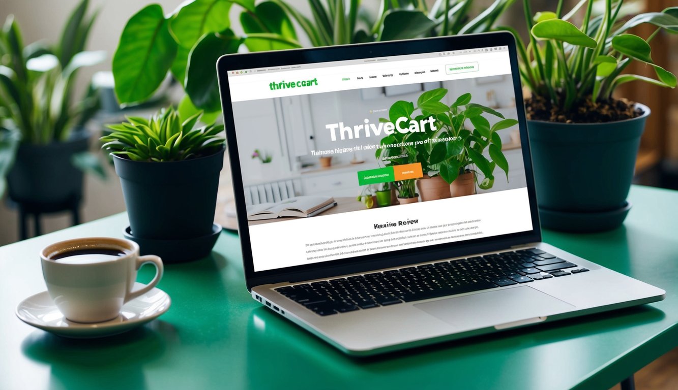 A laptop displaying the ThriveCart website with a positive review, surrounded by vibrant green plants and a cup of coffee