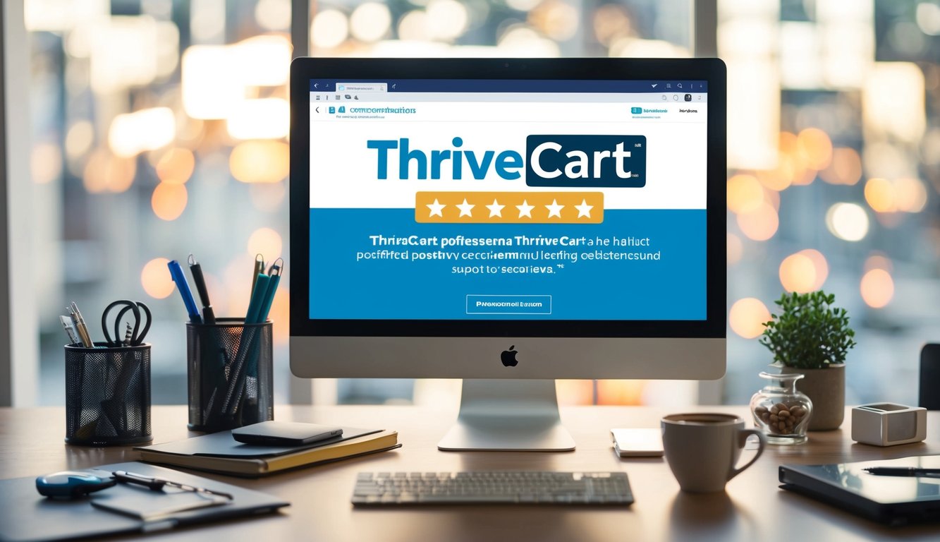 A computer screen displaying a positive review of ThriveCart, surrounded by various office supplies and a cup of coffee