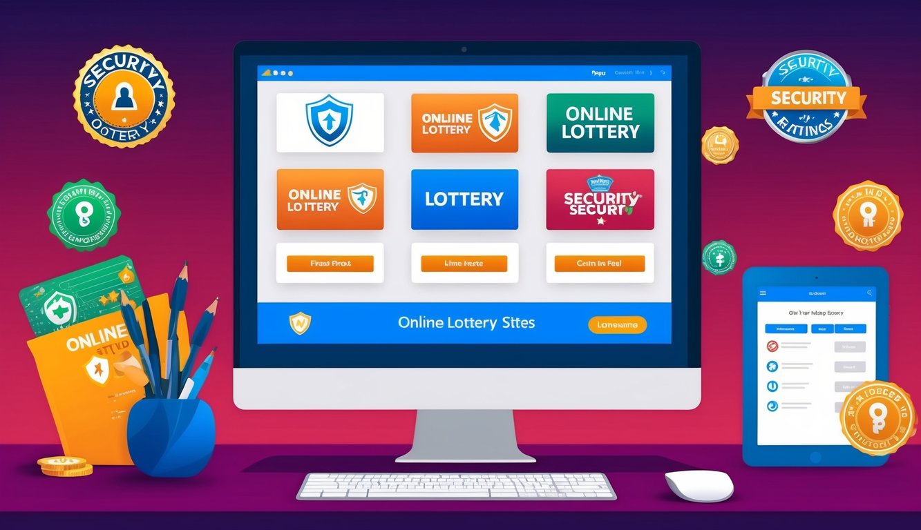 Sebuah layar komputer menampilkan berbagai situs lotere online dengan lencana keamanan dan penilaian