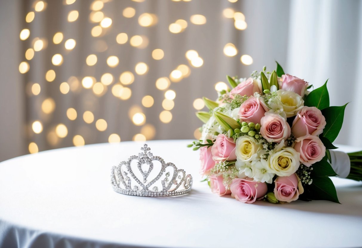 A beautiful bouquet of flowers and a sparkling tiara on a pristine white tablecloth