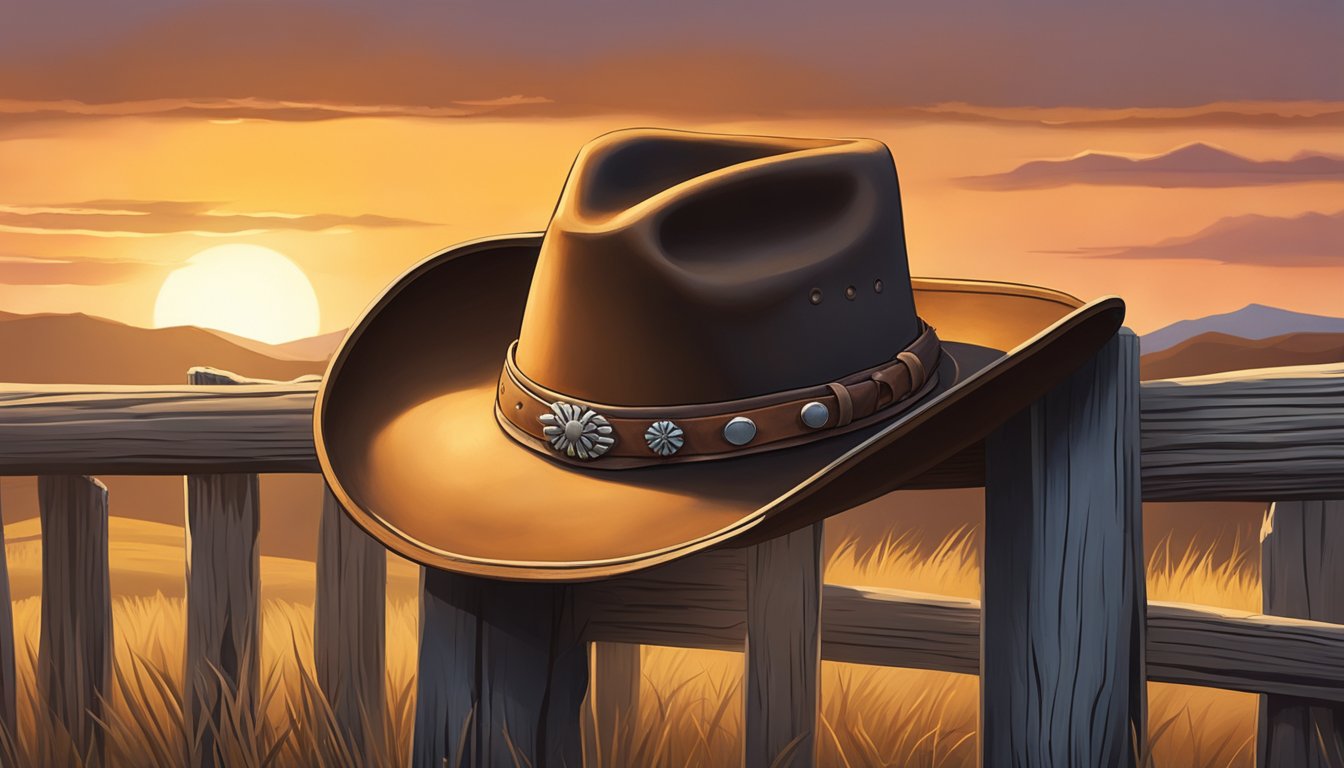 A lone cowboy hat rests on a weathered wooden fence post, the setting sun casting a warm glow on its worn leather band and curved brim