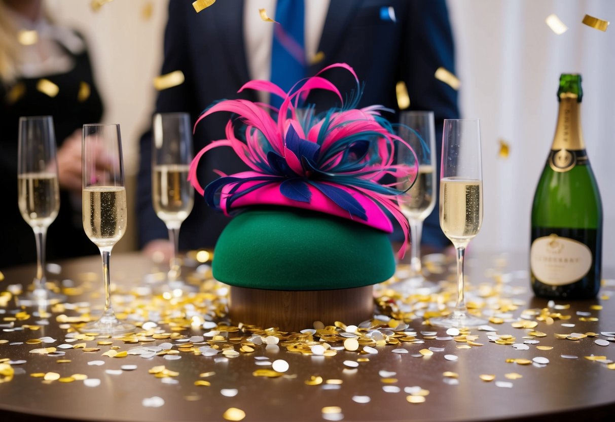 A vibrant fascinator perched atop a table, surrounded by scattered confetti and empty champagne glasses