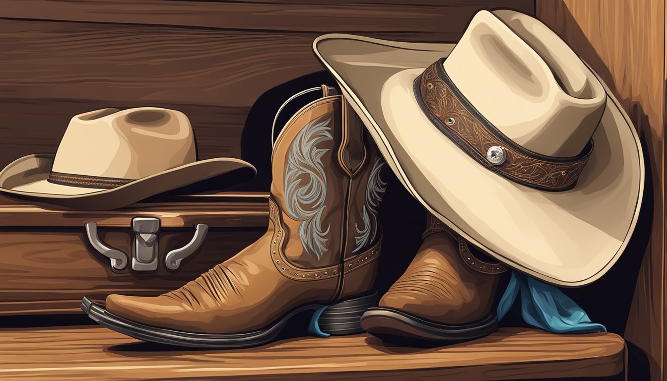 A cowboy hat resting on a guitar case, with a pair of cowboy boots nearby