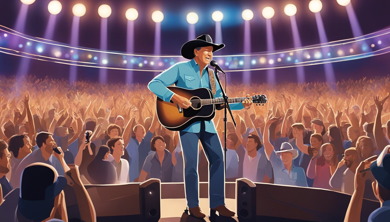 George Strait and son performing on stage, surrounded by adoring fans and bright stage lights