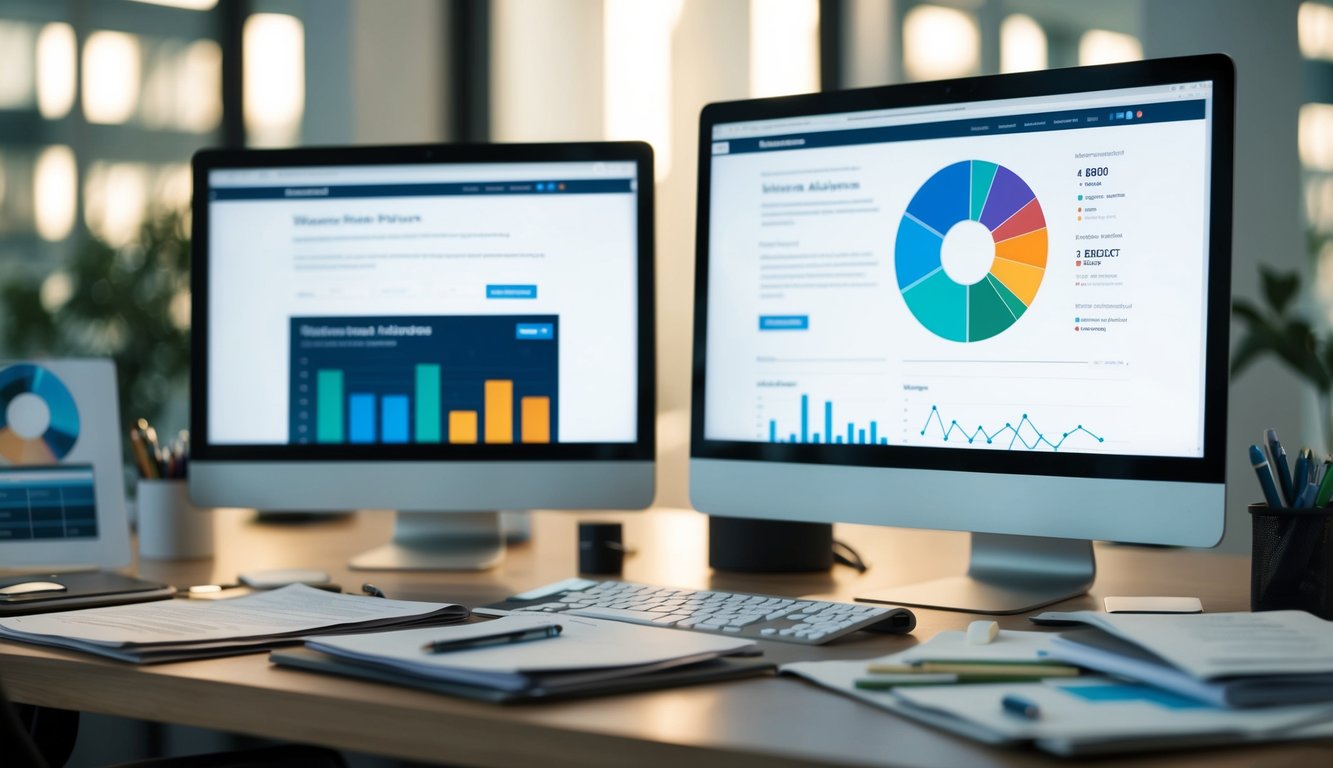 A desk cluttered with SEO-related documents and a computer screen displaying website analytics