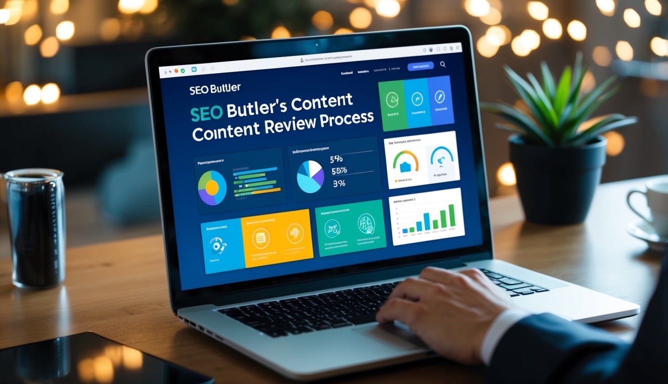A laptop displaying SEO Butler's content review process with various SEO tools and analytics open on the screen