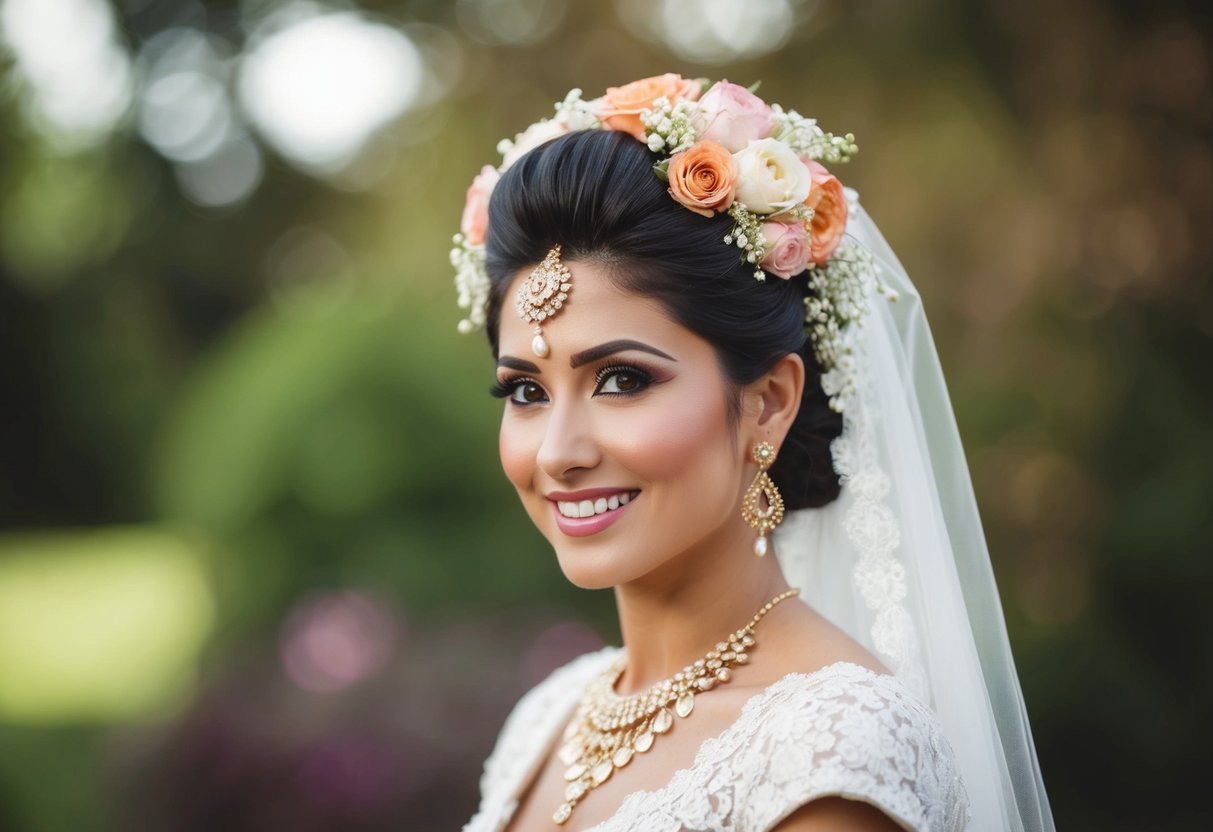A bride with a traditional updo adorned with flowers and a veil